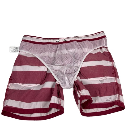 Lacoste Mens Large Swim Shorts Striped Red White 5” Inseam Polyamide Beach EUC - Picture 7 of 12